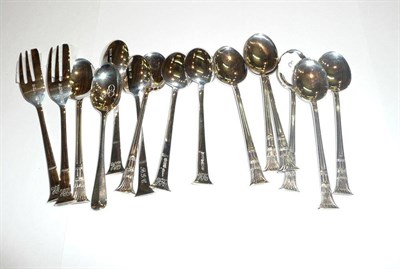 Lot 78 - Twelve silver presentation spoons and one other and two silver dessert forks