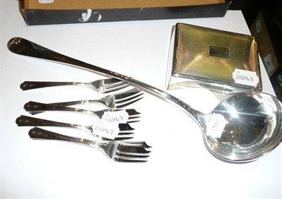 Lot 84 - Small silver cigarette box by TWL, a set of plated dessert forks and a plated ladle