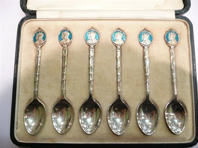 Lot 91 - A set of six silver and enamel Jubilee Spoons, by Liberty & Co, Birmingham 1935., commemorating the