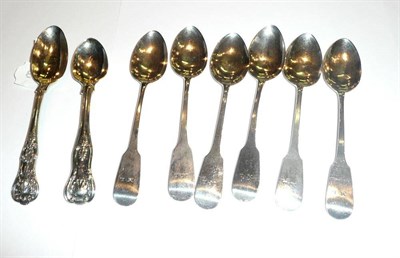 Lot 92 - Set of six Newcastle Georgian fiddle teaspoons, JB, a tea (or grapefruit) spoon by John Round,...