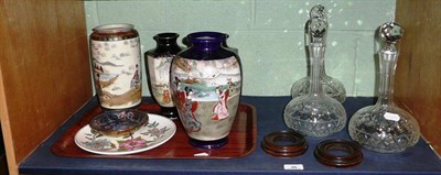 Lot 98 - A Japanese Satsuma vase, a pair of vases, three glass decanters, etc