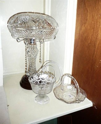 Lot 103 - Cut glass mushroom lamp, Victorian 1837-1887 press moulded pedestal sugar bowl and a Coronation...