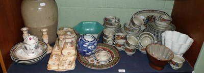 Lot 107 - A shelf of ceramics including German dinner ware, Crown Devon and other blush ivory dressing...