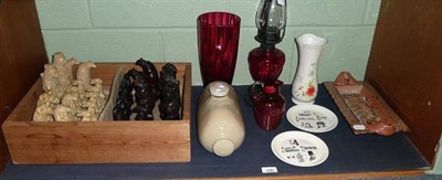 Lot 108 - Chess set, cranberry jug, two Wedgwood dishes and other ceramics