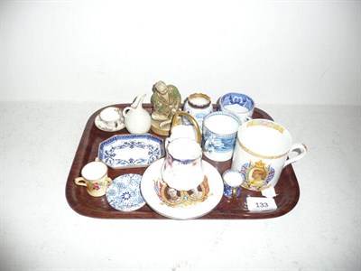 Lot 133 - Tray including blue and white cabinet cups, Royal Doulton miniature vase, Coalport...