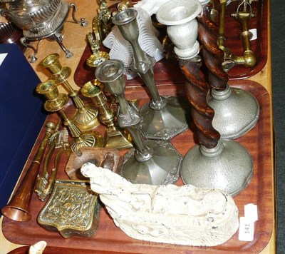 Lot 141 - Box of miscellaneous metalware, candlesticks, money box, etc