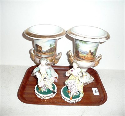 Lot 164 - Pair of 19th century campana-shaped vases (a.f.) and a pair of figures (a.f.)