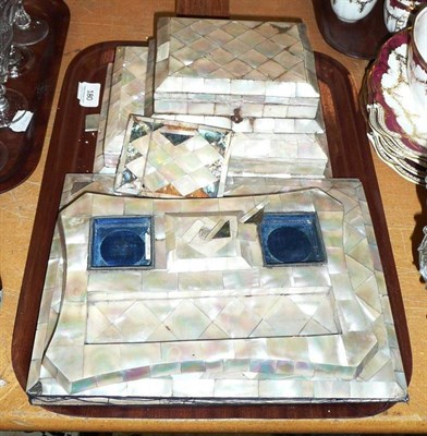 Lot 180 - Tray including mother-of-pearl inkstand, gaming box, card case and trinket box