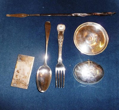 Lot 188 - Irish silver dish, toddy ladle, silver spoon and fork and a white metal card case