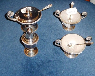 Lot 189 - Three piece silver condiment set and an odd pepperette