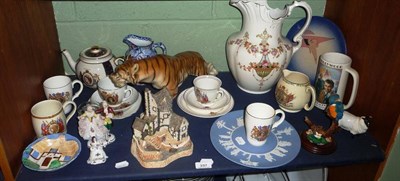 Lot 237 - Shelf of decorative ceramics including Crown Devon jug, Beswick sheep and a Royal Worcester...