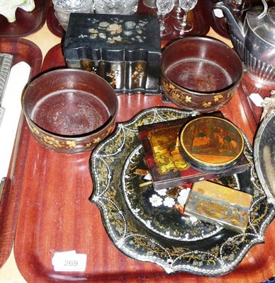 Lot 269 - Tray including papier-mache bottle coasters, tea caddy, tray, snuff box, etc