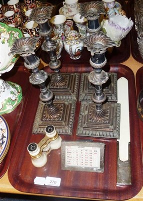 Lot 270 - Tray including set of four plated candlesticks, opera glasses, silver and ivory page turner, etc