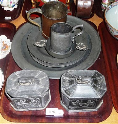 Lot 275 - Tray including two lead tobacco jars, pewter plates, etc