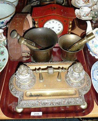 Lot 276 - 1920's Japanned clock, brass desk stand, leather Sam Brown belt, pestle and mortar, etc