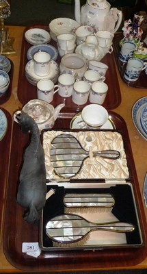 Lot 281 - Two trays of ceramics including Coalport coffee set, silver dressing table set, Wedgwood, etc