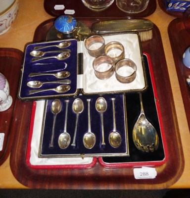 Lot 288 - Two cases of silver teaspoons, silver inkstand (a.f.), silver hair brush, napkin rings, etc