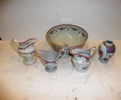 Lot 290 - Chinese famille rose pattern small bowl, Chinese small vase and three Newhall jugs