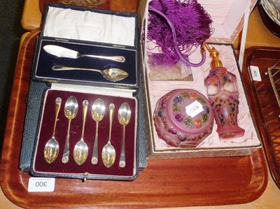 Lot 300 - Four boxes of cutlery and a coloured glass dressing table set in presentation box