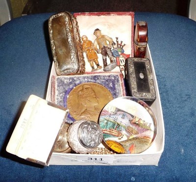 Lot 311 - Three medallions, silver colander stand, tortoiseshell etui case, paperweight, etc