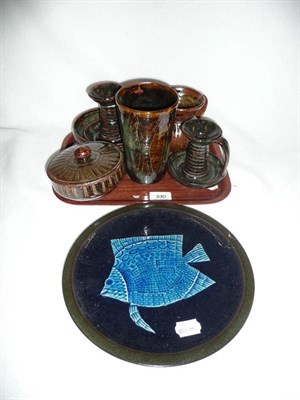 Lot 330 - Two studio pottery candlesticks, two bowls, jug, and a studio plate decorated with a fish