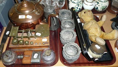 Lot 339 - Three spelter figures, Mouseman ashtray, teddy bear, copper kettle, postal scales, hip flask...