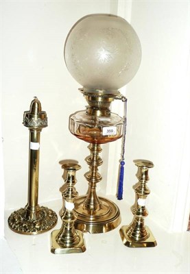 Lot 359 - Brass oil lamp, brass candle stand and a pair of brass candlesticks