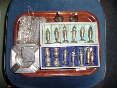 Lot 369 - Tray including silver pepperettes, pair of Danish miniature loaded vases, chain-mail purse, two...