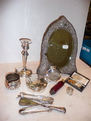 Lot 380 - Box of miscellaneous including a silver mirror, clock, etc