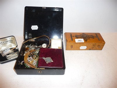 Lot 382 - A small quantity of costume jewellery, 9ct gold tie pin and a treen box