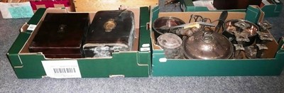 Lot 391 - Two boxes including silver plated candlesticks, rosewood sewing box, leather-bound box, etc