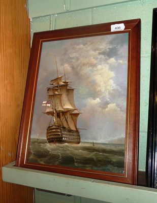 Lot 406 - Oil painting English School, 19th century, three decker man-o-war