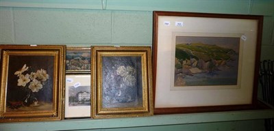 Lot 412 - A framed watercolour signed E W Thompson, a pair of gilt framed oils still life and three prints