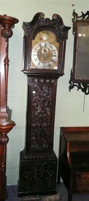 Lot 618 - Carved oak longcase clock with brass arched dial by John Brown, Edinburgh