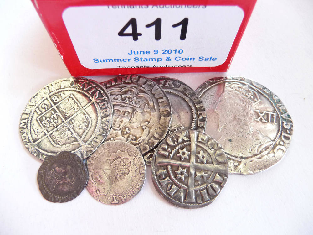 Lot 411 - GB Hammered Coins including Edward IV Groat, Elizabeth I 6ds 1568 & 1583, Elizabeth I 1d, Charles I