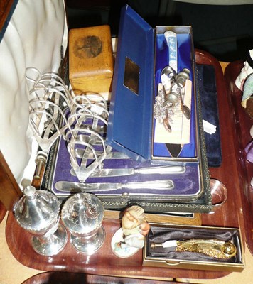 Lot 12 - A ruby glass silver mounted scent bottle, other silver mounted items and plated ware etc (tray...