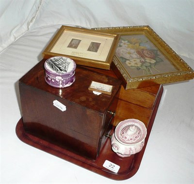 Lot 22 - A walnut writing slope, a mahogany two drawer box, a floral print, a Victoria & Albert...