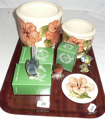 Lot 26 - Three Beswick bird ornaments, two Moorcroft cream ground vases and a matching dish