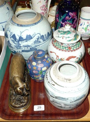 Lot 29 - Tray of Oriental vases, blue floral vase by George Jones, etc