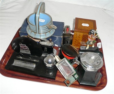 Lot 32 - A tray of smoking related items including two Ronson touch tip lighters, ash trays, inlaid box etc
