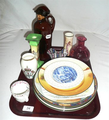 Lot 34 - Royal Doulton Series ware plates, vase, candlestick, Doulton Kingsware character flask, etc
