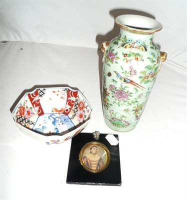 Lot 38 - A Canton vase, an Imari bowl and a watercolour miniature