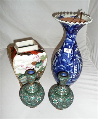 Lot 42 - A Japanese blue and white vase, an Oriental vase and a pair of Cloisonne vases