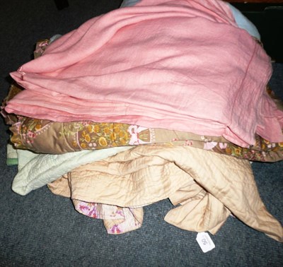 Lot 50 - Pink floral single quilt, green and white quilt, floral and pink ribbon eiderdown and a pink...