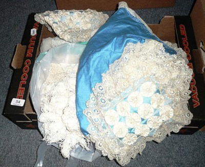 Lot 54 - Cream silk bed cover, appliqued pillowcases and assorted trimmings, etc