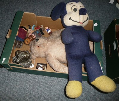 Lot 56 - A 'Walt Disney' Mickey Mouse soft toy, a teddy bear, five dolls, two brooches stamped 9ct,...