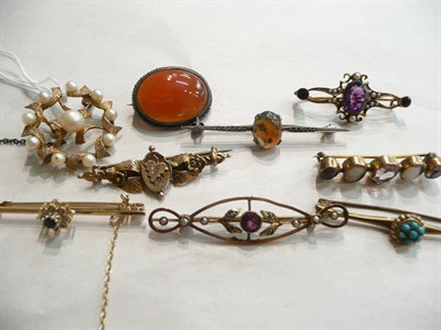 Lot 71 - Nine assorted silver and gold bar and stone-set brooches