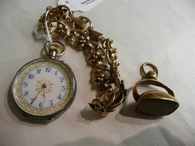 Lot 105 - A 9ct gold bracelet, a fob and a lady's silver watch