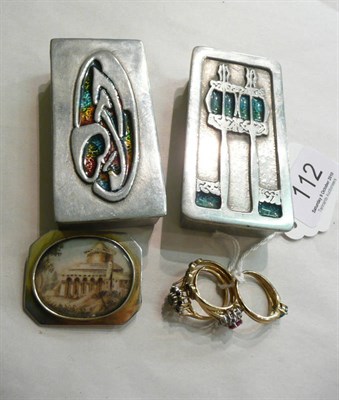 Lot 112 - Four rings, a miniature brooch and two modern Arts & Crafts style boxes
