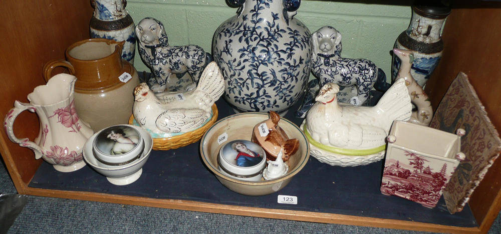 Lot 123 - Two hen egg tureens, modern oriental vases/lamps, stoneware jug, pair of modern blue and white...